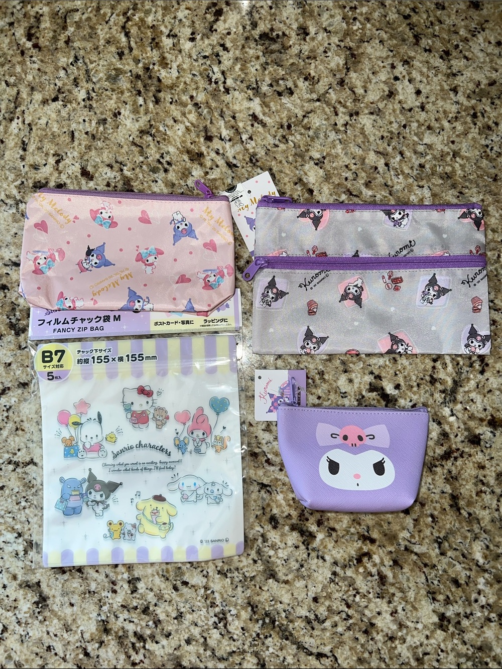 Daiso Sanrio Purple Kuromi Coin Pouch & Pink Character Zip Pouches Set